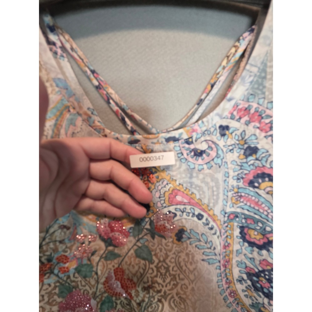 Catherines Womens 1X Mixed Floral Paisley Rhinestone Strappy Neck Tunic Top Pink - Picture 8 of 12